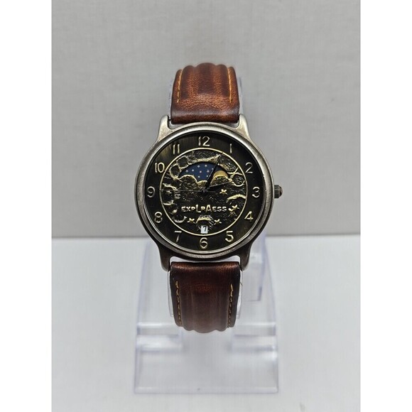 LA Express Moon And Stars Quartz Watch Day Night Date Brown Leather New Battery main image 10